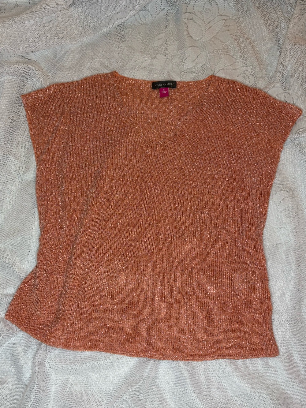 Vince Camuto Metallic Rust Orange V-Neck Short Sleeve Sweater